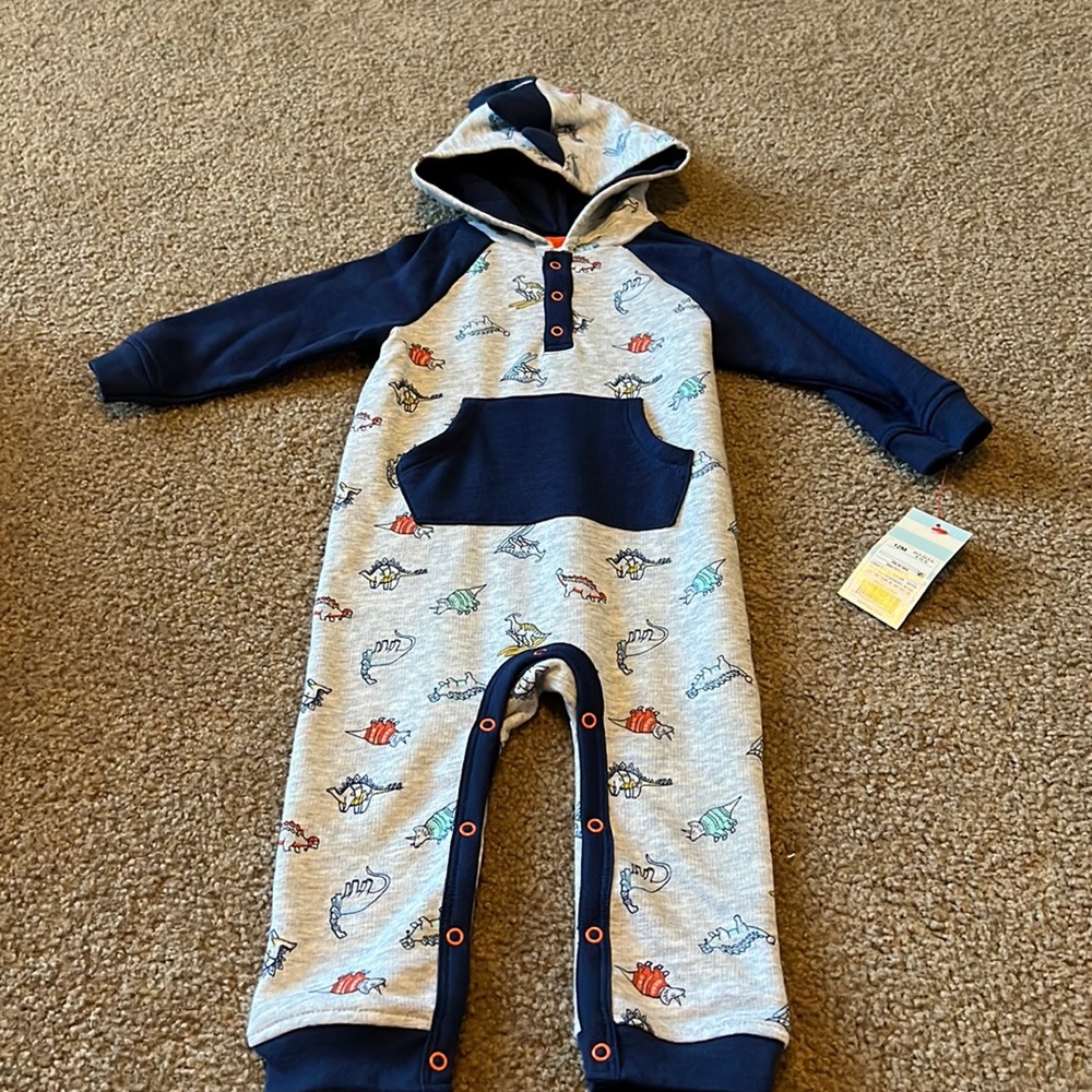 Cat & Jack.  BNWT. Dinosaur hooded button up onesie.  12 month.